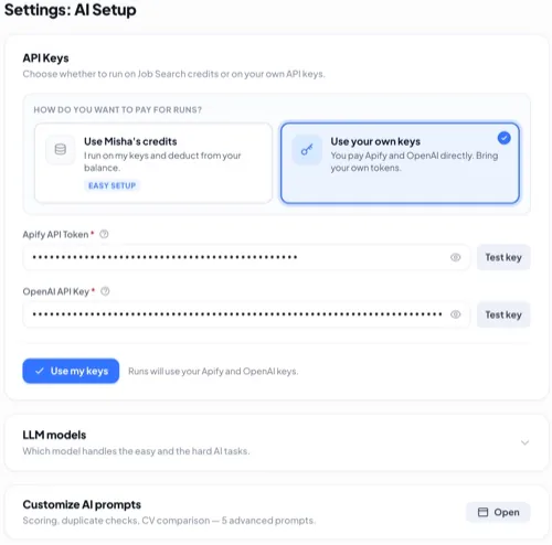 Settings: AI Setup — pay with credits or your own keys, Apify and OpenAI API key fields, LLM models.