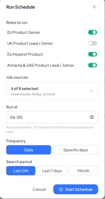 The Run Schedule dialog: role toggles, job sources, run time, frequency and search period.